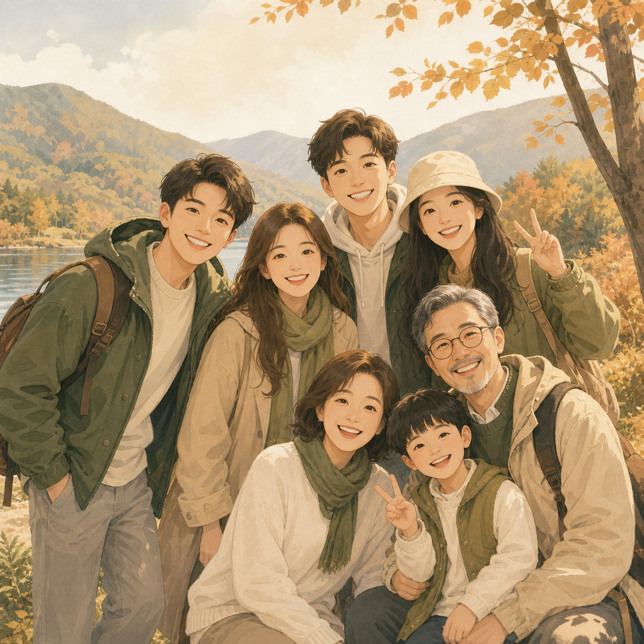 多人旅行合影插画风照片